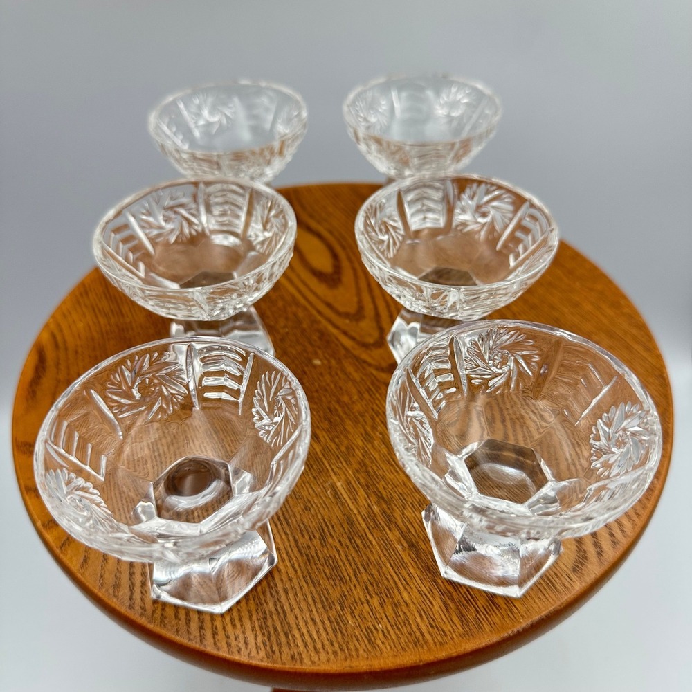 Vintage Set‎ of 6 Crystal Cut Glass Salt Cellars Pinwheel Pattern Pedestal Base